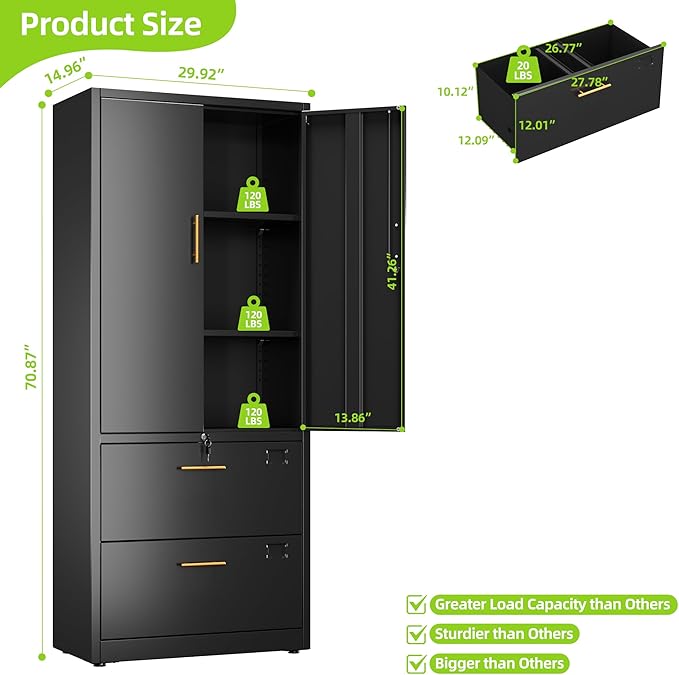 2 Drawer File Cabinet with Lock,Metal Filing Cabinet with Doors for Home Office School for Hanging Letter/Legal/F4/A4 Size Folders,Required Assembly,Black