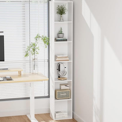 Tall Narrow Bookshelf 6-Tier Bookcase,70.5" Skinny Thin Corner Shelf Slim Storage Cabinet,Wood DVD CD Media Cube Organizer Tower Rack for Small Spaces, Bedroom, Living Room, Office,White