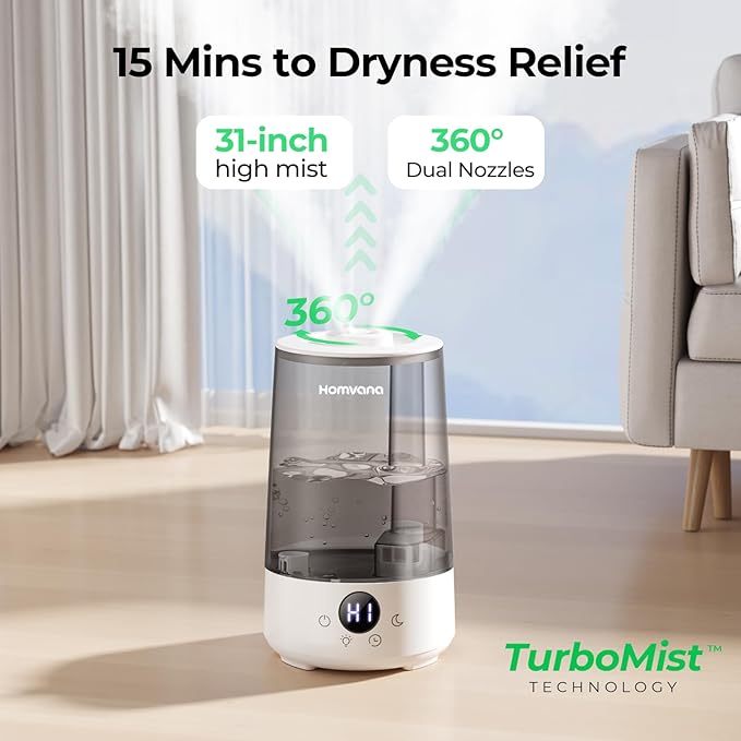 Homvana Humidifiers for Bedroom Home, 3.6 L Cool Mist Top-Fill 34H Super Long Time, Quiet 23dB, Baby Humidifier, Oil Diffuser for Large Room, House, Plant, Nursery, Office, BPA FREE, Ultrasonic (Grey)