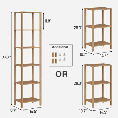 TUTOTAK Bookshelf, 6-Tier Tall Book Shelf, Narrow Bookcase for Small Space, DIY Stackable Bookshelf, for Living Room, Office, Study, Entryway, Industrial, Natural BS01BN006