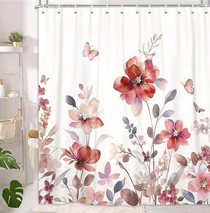 Red Floral Shower Curtain, Red Lavender Floral Butterfly Boho Shower Curtains for Bathroom, Farmhous Flower Cute Fabric Shower Curtain Set with 12PCS Hooks, 36X70IN