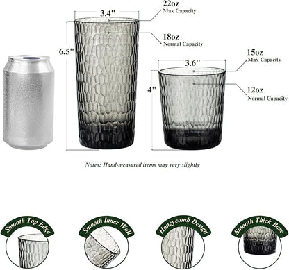 15oz and 22oz Grey Acrylic Glasses Drinkware (Set of 8), Honeycomb Stackable Shatter-Proof Plastic Tumblers, Reusable Plastic Drinking Glasses, BPA-Free, Dishwasher-Safe
