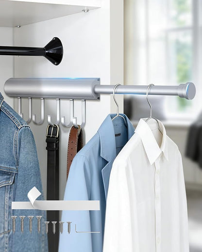 12 inch Valet Rod for Closets Pull Out, Closet Rods Extenders for Hanging Clothes Telescoping Adjustable With 6 Hooks (Silver, 12 Inch-1 Pack)