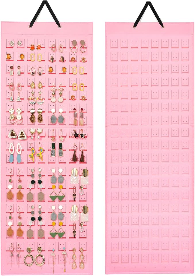 Lolalet Hanging Earring Holder Organizer with 20 Hooks for Women, Earring Organizer Wall Earrings Hanger Pierced Earring Storage, Felt Stud Earring Display, 608 Holes for Earrings - Pink, 1 Pack