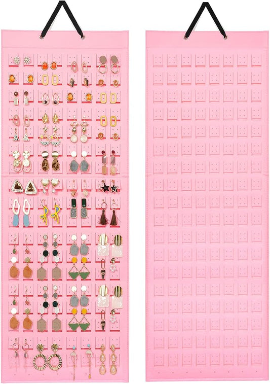Lolalet Hanging Earring Holder Organizer with 20 Hooks for Women, Earring Organizer Wall Earrings Hanger Pierced Earring Storage, Felt Stud Earring Display, 608 Holes for Earrings - Pink, 1 Pack