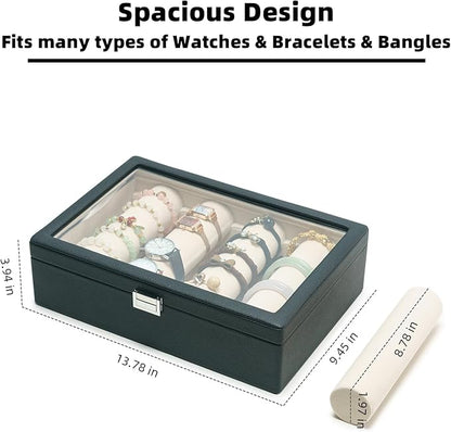 Bracelets Organizer Rods Bangles Display Holder, Clear See through Lid Leather Velvet Jewelry Storage Box Case for Women, 4 Rods Black Leather