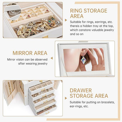 AKOZLIN 6-Tier Jewelry Box Organizer Functional 5 Drawers Leather Jewelry Storage Case for Women Girls Ring Necklace Earring Bracelet Holder Organizer with Mirror White