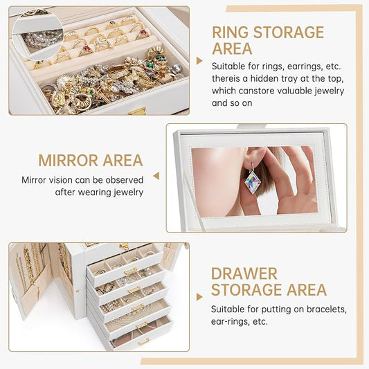 AKOZLIN 6-Tier Jewelry Box Organizer Functional 5 Drawers Leather Jewelry Storage Case for Women Girls Ring Necklace Earring Bracelet Holder Organizer with Mirror Medium White