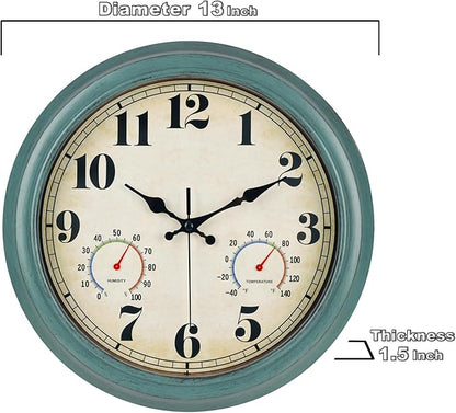 zyzamay 13 Inch Outdoor Clock with Thermometer and Hygrometer, Waterproof and Silent, Large Easy-to-Read Numbers, Ideal for Bedroom,Office,Living Room,Porch,Garden,Pool(Green)