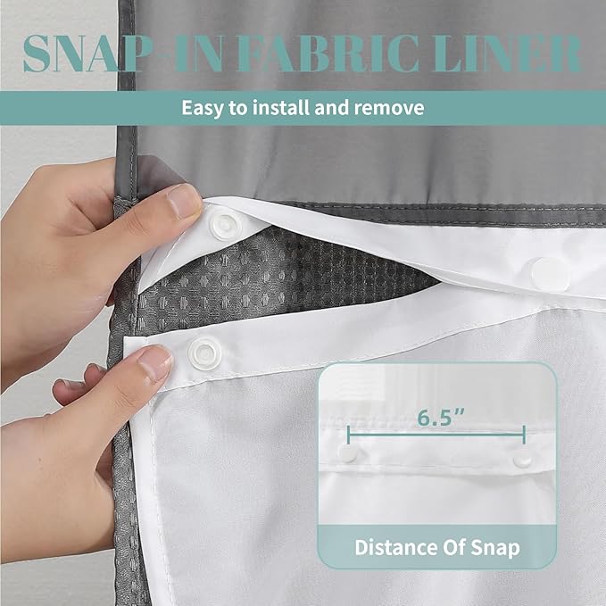 Charcoal No Hook Waffle Weave Shower Curtain with snap-in Liner Replacement, 230GSM Waterproof Fabric Hotel Shower Curtain Set for Bathroom, Through Mesh Top Window,60Wx74H