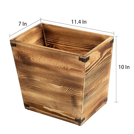 Grey Farmhouse Style Torched Wood Trash Can Waste Bin with Decorative Metal Brackets Trash Can for Bedroom,Living Room, Bathroom & Office (Brown)