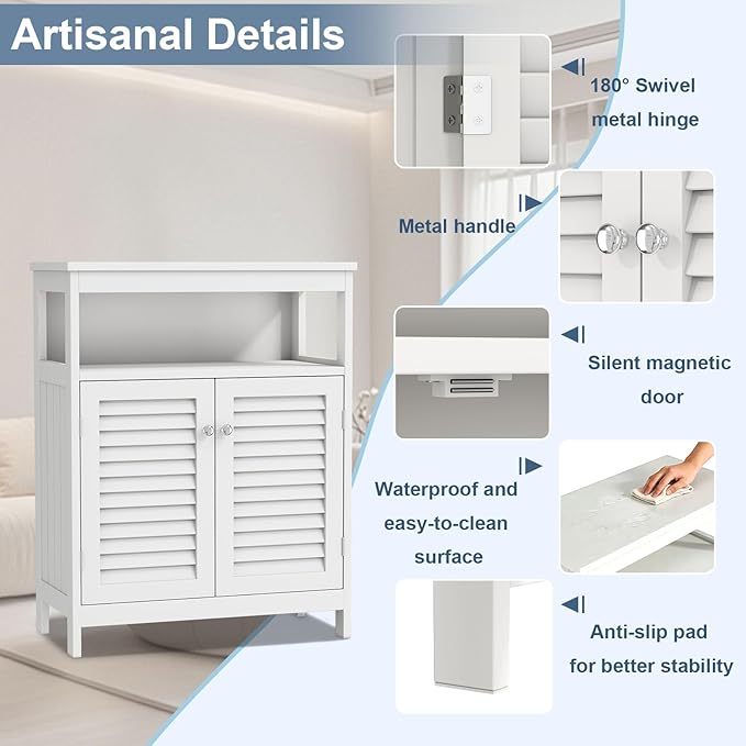 White Bathroom Storage Cabinet with Shutter Doors, 31.5 x 23.6 x 15.7 in Freestanding Floor Cabinet with Removable Shelf, for Bathroom, Living Room, Kitchen