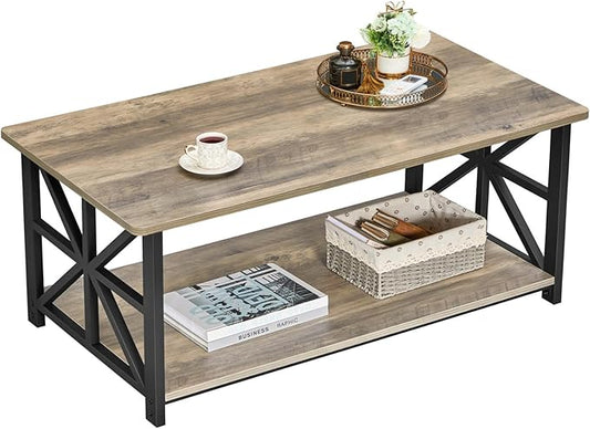 GreenForest Coffee Table for Living Room with Round Corners Farmhouse Style Center Table with Storage Shelf 39 Inch Space Saving Easy Assembly Gray Wash | for Living Room