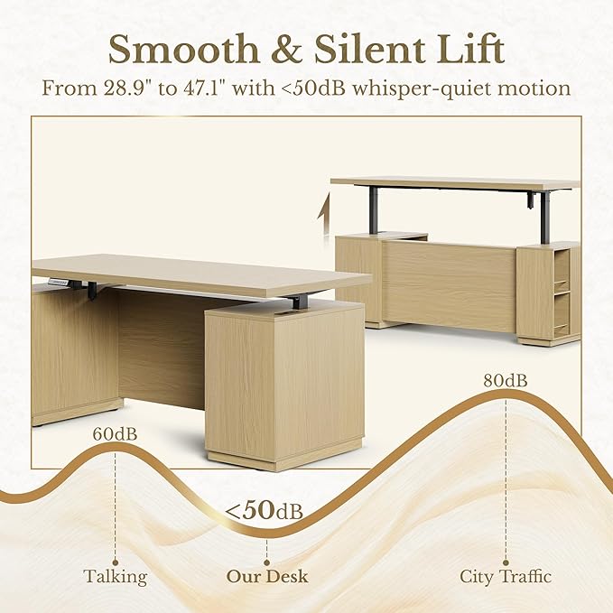 Standing Desk with File Cabinet, 70 Inch L Shaped Electric Height Adjustable Executive Desk with AC/USB and Privacy Panel, Computer Corner Table for Home Office, Light Walnut