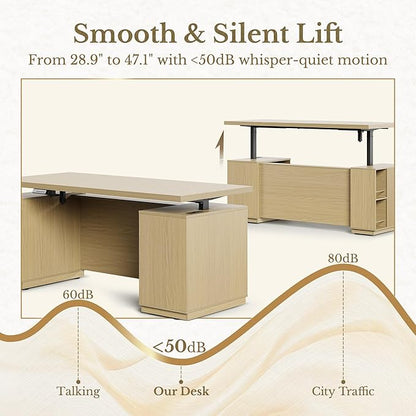 Standing Desk with File Cabinet, 70 Inch L Shaped Electric Height Adjustable Executive Desk with AC/USB and Privacy Panel, Computer Corner Table for Home Office, Light Walnut