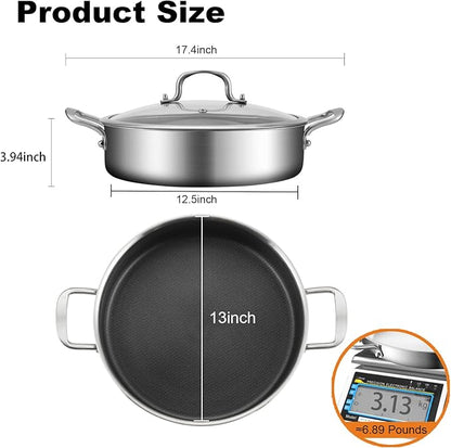 DELARLO Saute Pan 8QT, Frying Pan Nonstick with Lid, Tri-ply Stainless Steel Skillet, Large Braiser Induction, Everyday Pans, Heavy Duty Style, Compatible with All Cooktops Up to 660℉
