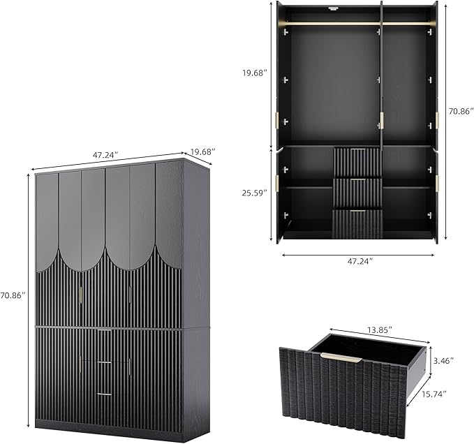 71" Wardrobe Armoire Wooden Closet with 3 Doors 3 Drawer and 2 Cabinet, Bedroom Armoire with Hanging Rod Shelf, Modern Wooden Bedroom Armoire Freestanding Wood Closet Storage Cabinet