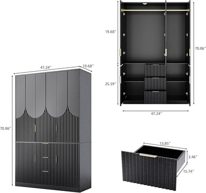 71" Wardrobe Armoire Wooden Closet with 3 Doors 3 Drawer and 2 Cabinet, Bedroom Armoire with Hanging Rod Shelf, Modern Wooden Bedroom Armoire Freestanding Wood Closet Storage Cabinet