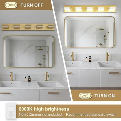 Modern LED Bathroom Lights Fixtures(5-Light),Metal Gold Acrylic Wall Lighting,Vanity Lights for Bathroom Over Mirror(6000k 34in)