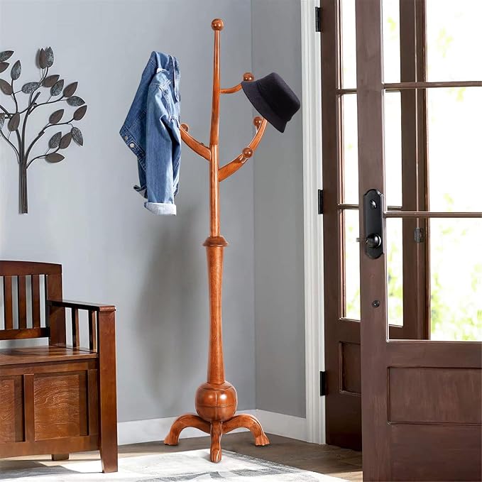 Coat Rack Freestanding Wood Coat Tree with Stable Sphere Base, Light Brown | 8 Hooks Tree Branch Design, Heavy Duty Standing Coat Hanger for Entryway, Hallway, Bedroom, Foyer; Hangs Coats, Hats, Bags