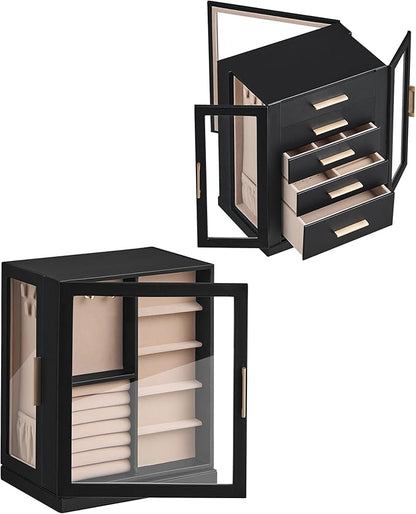 360° Rotating Jewelry Box with 5 Drawers, Spacious Vertical Jewelry Organizer with Glass Window, Jewelry Storage Case, Dustproof & Moisture-resistant Design, Black
