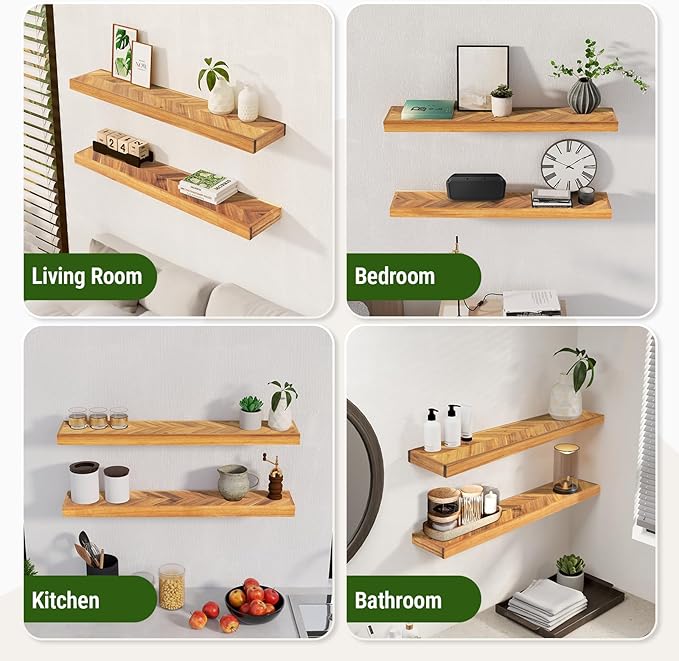 Howizz 36" Acacia Chevron Floating Shelves Set of 2 - Wall Mounted Wooden Shelf for Stylish Home Décor - Natural Color - 36x6.7x1.5 Inches