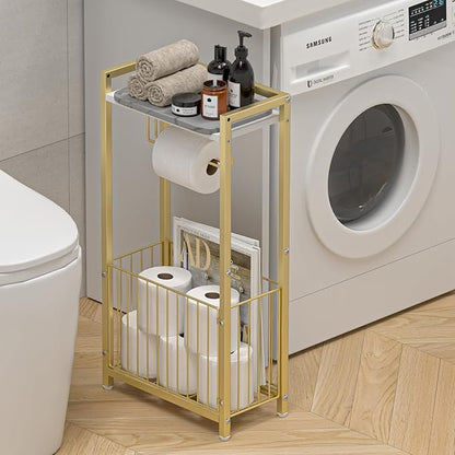 Freestanding Toilet Paper Holder with Storage Shelf – Bathroom Tissue Stand with Space for Phone, Rolls, and Magazines – All-in-One Toilet Roll Dispenser and Organizer (Gold)