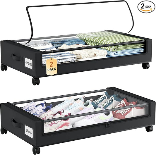 Somdot Under Bed Storage with Wheels, 2 Pack Bed Storage Containers with Dividers & Clear Lids, Easy Pull-out Metal Drawer for Clothes, Shoes,Toys, Blankets (Black)