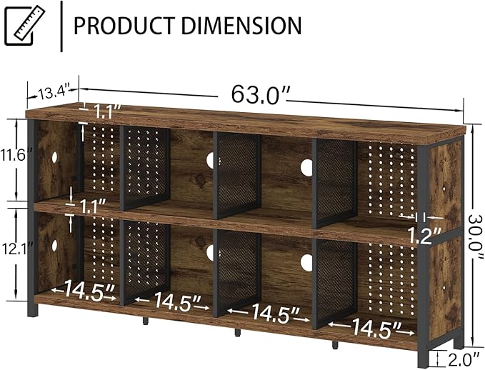 LVB Rustic Horizontal Bookshelf, Industrial Bookcase Cube Storage Organizer, Wide Large Metal Wooden Office Cube Shelf, Farmhouse Low Long Book Shelf for Home Bedroom Living Room, Rustic Brown, 63 in