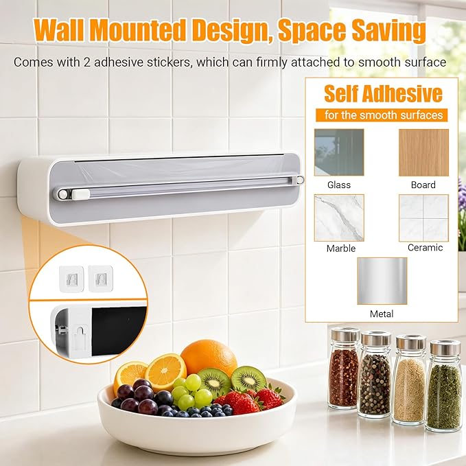 2 Pack Magnetic Plastic Wrap and Foil Dispenser with Cutter, Fits for Max 12.8In x 328Ft Cling Film, Adhesive Wall Mounted Aluminum Foil and Wrap Organizer Holder for Kitchen