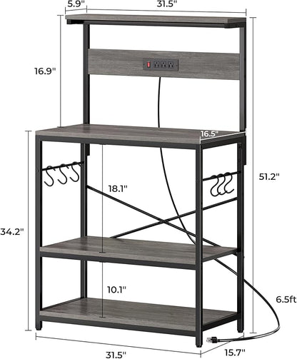 SUPERJARE Bakers Rack with Power Outlets, Microwave Stand, 31.5 X 16.5 Inch Larger Desktop, Kitchen Storage Rack with Adjustable Middle Shelf, 6 S-Shaped Hooks, Coffee Bar Stand, Grey