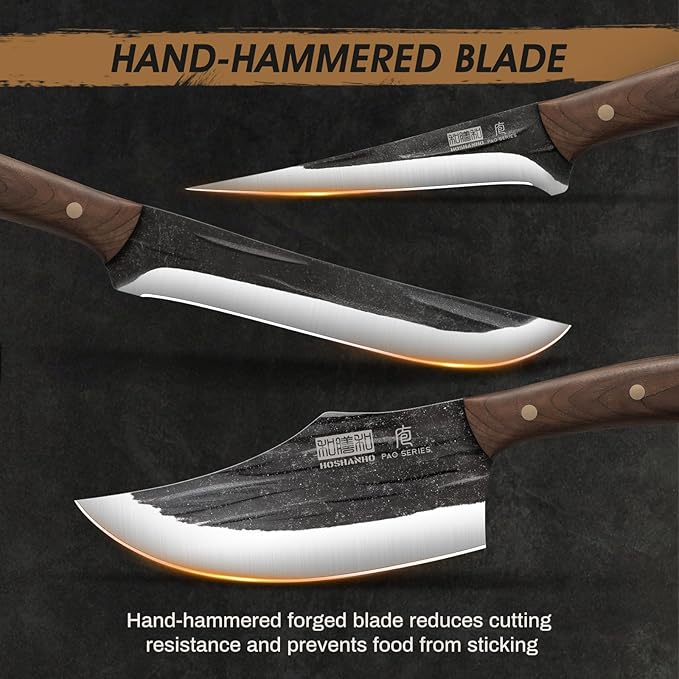 HOSHANHO Butcher Knife Set, Hand Forged Butcher Chef Knife Set with Roll Bag, Sharp Meat Cleaver Knife & Bone Chopper Knives & Fillet Knives for Home & Camping & BBQ Gift with Men