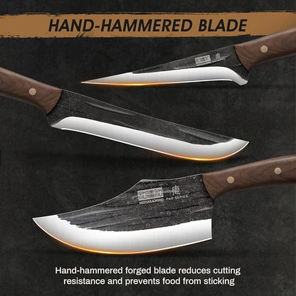 HOSHANHO Butcher Knife Set, Hand Forged Butcher Chef Knife Set with Roll Bag, Sharp Meat Cleaver Knife & Bone Chopper Knives & Fillet Knives for Home & Camping & BBQ Gift with Men