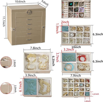 BOOVO Jewelry Box For women, 6 Layer Large Jewelry Organizer With Mirror, Multi-Function Storage Box With Lock, Accessory Holder With 5 Drawers, For Earrings Necklace Ring Bracelet (Pale gold)