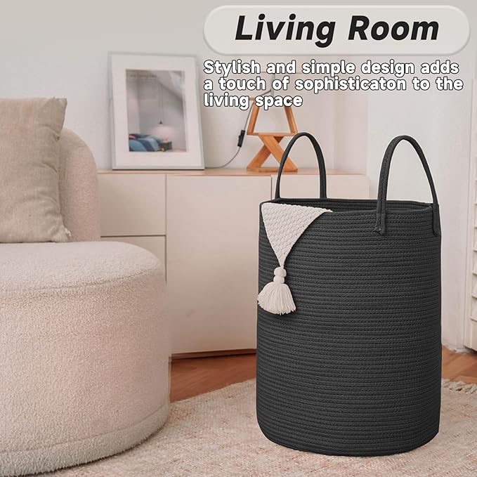 JMvicyroam Large Woven Laundry Basket Hamper,80L Cotton Rope Storage Bin for Blankets,Toys and Clothes,Decorative Tall Nursery Hamper for Living Room,Baby Nursery,Bathroom and Bedroom,Black
