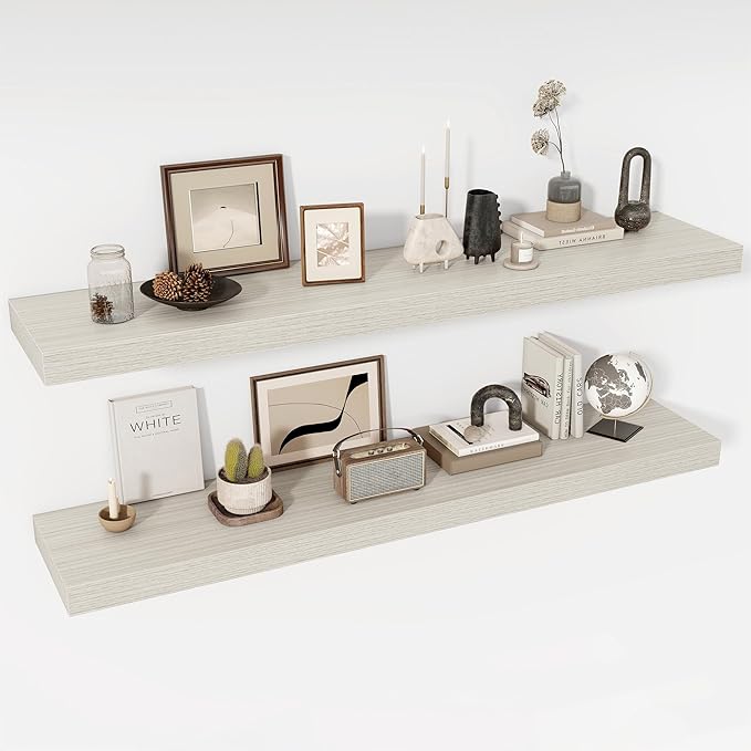 Acovy 55 Inch Floating Shelves, 12" Deep Floating Shelf Wall Mounted, 55" Wall Shelves, Rustic Deep Bookshelf, Extra Deeper & Thicker Display Shelves for Bedroom, Living Room, Gray, Set of 2