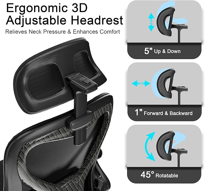 Office Chair for Back & Neck Pain Relief, Virgin Foam Seat, 2D Adjustable Lumbar & 3D Headrest, Flip-Up Armrests, Tilt & Rock for Relaxation (English, Black/Carbon Fiber)