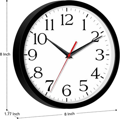 DAXSMY 8 Inch Wall Clock - Battery Operated, Silent Non-Ticking Analog Sweep Movement - Easy to Read Numbers for Home, Office, Kitchen, Classroom (Black)