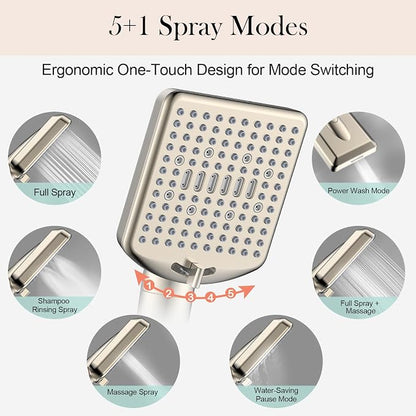 Homlord Filtered Shower Head with Handheld Brushed Nickel - High Pressure 6 Modes, 120 Anti-clog Nozzles, Detachable Showerhead with Hard Water Filters, Extra Long 6ft Hose, Power Wash Mode