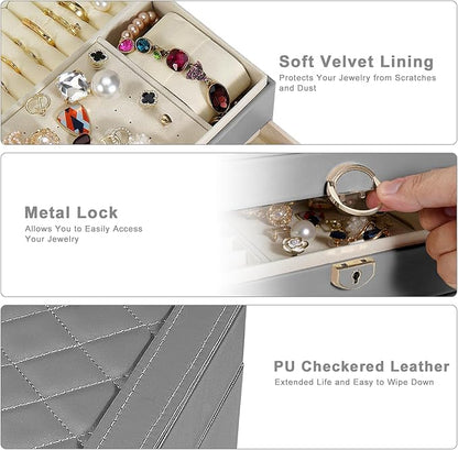 GUOER Jewelry Box for Women Girl Wife 3 Layers Large PU Leather Jewelry Organizer Storage Case with Two drawers Display for Earrings Bracelets Rings Watches (Grey)