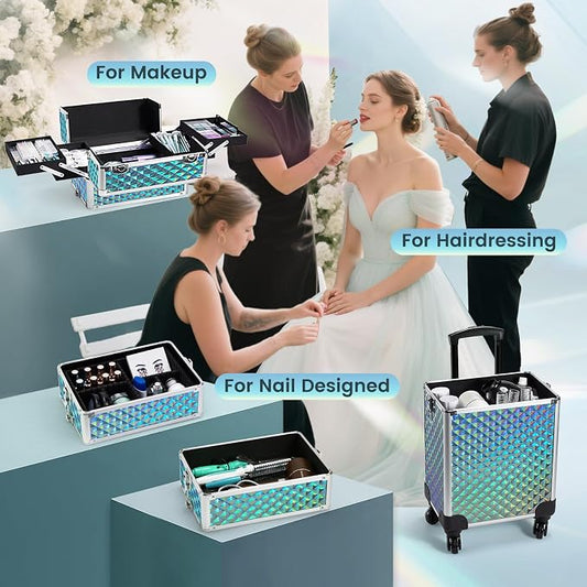 Stagiant Rolling Makeup Case Cosmetology Case on Wheels 4 in 1 Makeup Travel Case Large Cosmetic Organizer Storage with Key Swivel Wheels Nail Artist Salon Traveling Cart Trunk Watery Blue