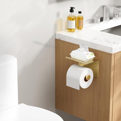 FORIOUS Toilet Paper Holder with Shelf, Adhesive or Screw Wall Mount Toilet Paper Roll Holder for Bathroom, 304 Stainless Steel Commercial Toilet Tissue Roll Dispenser with Phone Shelf (Brushed Gold)