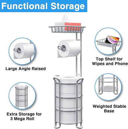 Toilet Paper Holder Stand with Shelf for Phone, Free Standing Tissue Roll Storage and Dispenser Rack for 4 Mega Rolls, Silver Gray