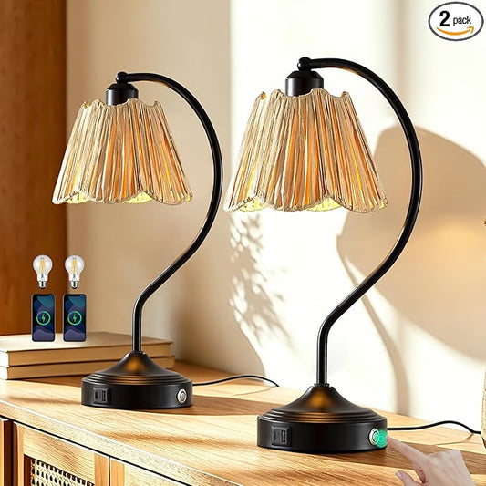 Set of 2 Vintage Small Touch Table Lamps with USB A+C Ports | 3-Way Dimmable Bedside Lamp, Retro Rattan Shade Curved Arm Desk Lamp for Bedroom Living Room Nightstand, Bulb Included