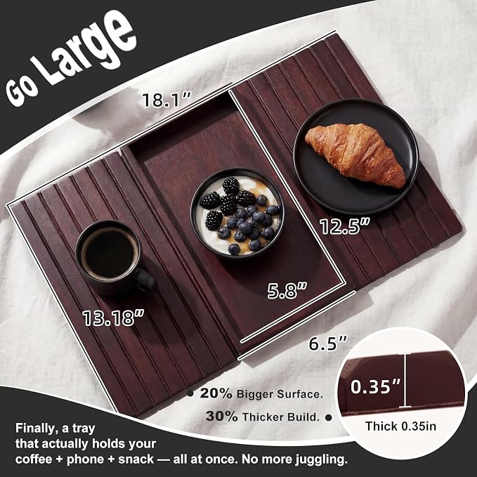 Sofa Arm Tray, Foldable Bamboo Couch Armrest Table with Large 12.5" x 5.8" Storage Compartment, Portable Chair Couch Caddy Arm Tray for Cup TV Snacks Phone (Velvet Mahogany)