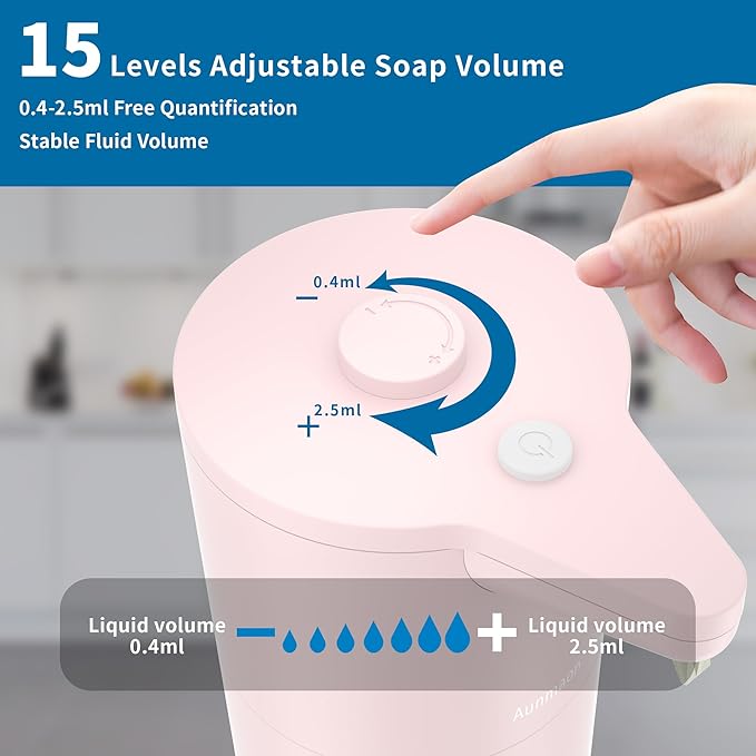 Aunmaon Automatic Soap Dispenser Touchless, Modern, Kitchen & Bathroom, Hands-Free, Adjustable Volume, Long Battery Life, Compatible with Thick & Thin Soap, Easy for Toddlers, Clog-Free, Pink