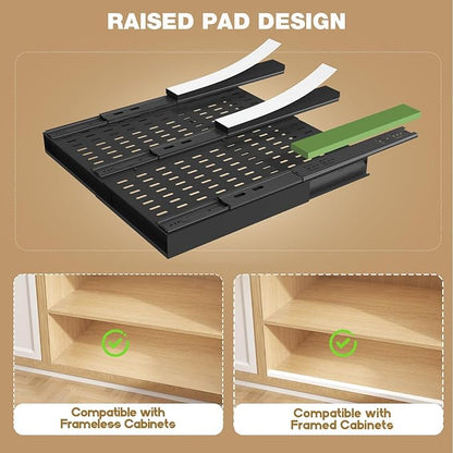 Seinloes Pull Out Cabinet Organizer, 4-Side Expandable to Fit Most Cabinets, 3 Rail Slide Out Drawers with Raising Pad for Framed & Frameless Cabinets, 13"-21" W x 17"-24" D, Black, 4 Pack
