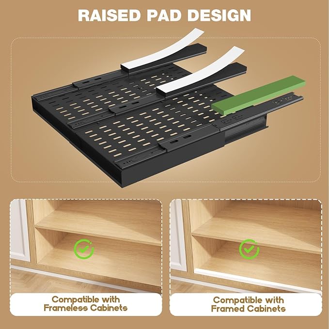Seinloes Pull Out Cabinet Organizer, 4-Side Expandable to Fit Most Cabinets, 3 Rail Slide Out Drawers with Raising Pad for Framed & Frameless Cabinets, 13"-21" W x 17"-24" D, Black, 2 Pack