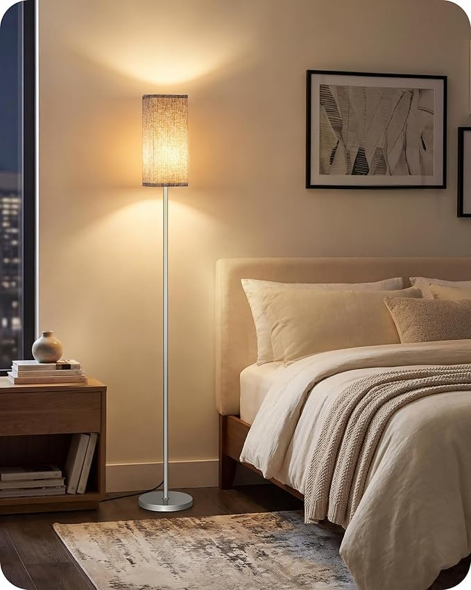 64.2” Dimmable Floor Lamp for Living Room with Remote and Foot Switch, Corner Floor Lamp for Bedroom, Includes 10W A19 Bulb, Modern Standing Tall Lamp, ETL Listed Silver and Beige SE17LD05