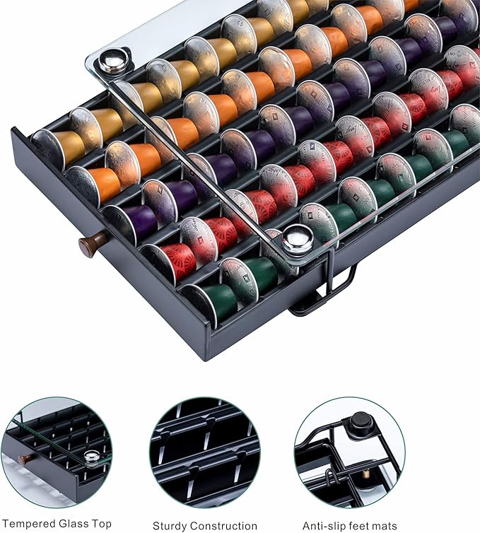 ZCDCP Coffee Pod Holder, Black Nespresso Original Pod Holder, Coffee Capsule Storage Drawer with Crystal Tempered Glass Top, 50 Pods
